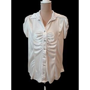 2xl Ivory Satin Ruched Button Down Blouse Rhinestone Buttons Short Sleeve Top